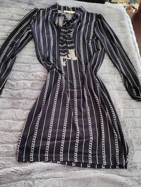 Black Striped Tie-Neck Women's Dress